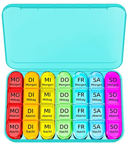 Doruimi Tablettenbox 7 Tage Morgens Mittags Abends, Klein Pillendose Große Fächer, Medikamentenbox 7 Tage 4 fächer mit Einfachem Offenem Design FüR Kinder äLtere und Arthritische HäNde - Cyan
