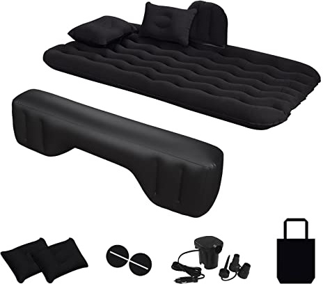 Sinbide-Materasso gonfiabile pieghevole per auto con pompa ad aria elettrica e 3 adattatori, con 2 cuscini e borsa per il trasporto, adatto per i viaggi in campeggio (135x75cm, Black)