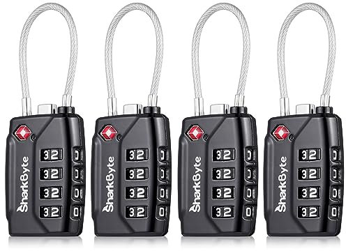 SharkByte TSA-zugelassene Kofferschlösser – 4-stelliges Sicherheits-Reise-Kombinationsvorhängeschloss, flexibles Kabeldraht, Reiseschloss für Koffer, Gepäckschlösser, Koffer-Reisetasche,