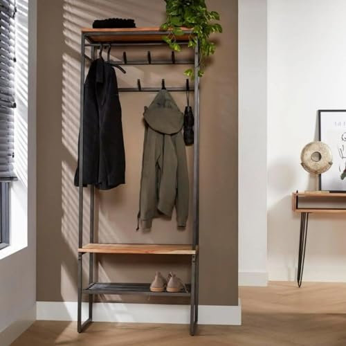 RINGO-Living Wandgarderobe mit 8 Haken & Ablage/Schuhregal Kleiderstange, Kleider Garderobe Flur aus Holz & Metall, rustikale Wandregal, Garderobe Massivholz, stylische Flur, Hängeregal Industrial