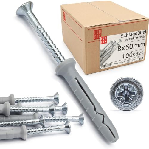 Chevilles à Frapper 8.0x50mm, 100 pièces – Chevilles béton et placo avec vis pré-montées – Cheville Murale Rapide – Goujon à Expansion, Fixation Mur, vis placo, ancrage à clouer