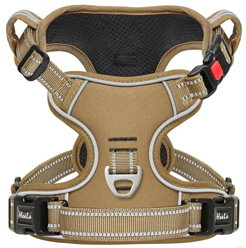 HEELE Hundegeschirr, Brustgeschirre für Hunde, Laufgeschirre Hund mit abschließbarem Schnappverschluss, einstellbare reflektierende Hundegeschirre, Offen am Hals, Anti Zug Dog Harness, Khaki, M