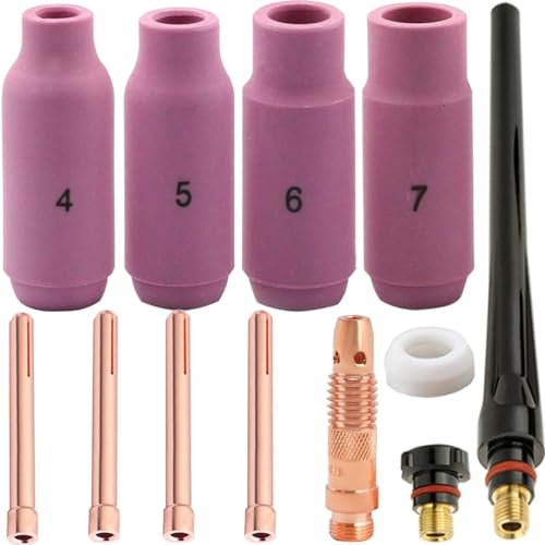 EATBALE 12 Pezzi per TIG Kit Torcia per Saldatura per di consumo per TIG Lenti Gas con 4 Tazze in Ceramica, 1 Corpo Pinza, 4 pinze, 2 Tazze Posteriori 1 Guarnizione Tazza per Db SR WP-17/18/26