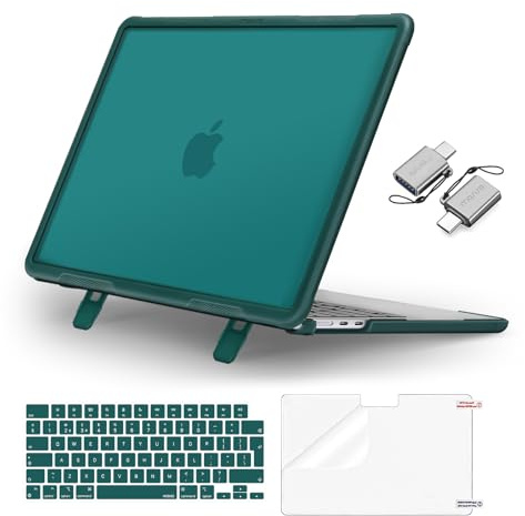 MOSISO Hülle Kompatibel mit MacBook Air 13 Zoll M4 M3 M2 2025-2022 A3240 A3113 A2681, Stoßfest mit Klappständer Hülle für MacBook Air 13,6&Tastaturabdeckung&Typ C&Displayschutzfolie, Türkisgrün