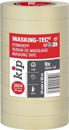 Kip 3804 Masking Tec Feinkrepp im 9er Pack - Malerkrepp 24mm x 50m – Kreppband für Malerarbeiten und Dekoration – Abklebeband für Malervlies, Streichen, Lackieren & Abdeckfolie – natur