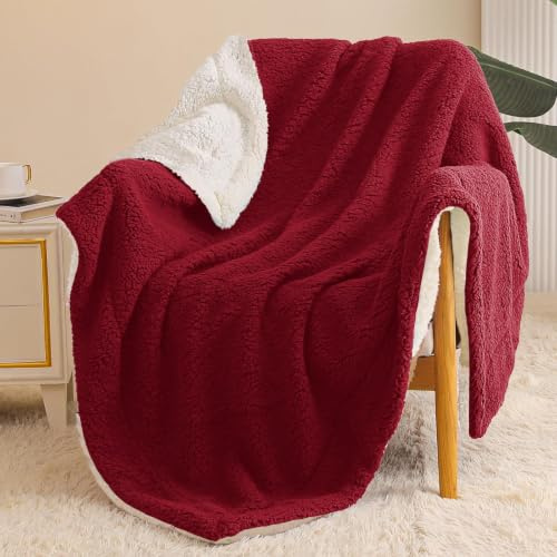 Exclusivo Mezcla Plaid Couverture Polaire Douillette, Épaisse et Réversible, pour Lit et Canapé, Chaude et Douce, Toutes Les Saisons,130x150 cm, Rouge Bordeaux/Ivoire