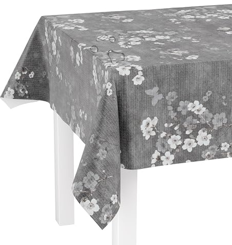 LILENO HOME Tischdecke abwaschbar als Meterware 240x140cm (Schnittkante) in Kirschblüte grau Elegance Motiv - Wachstuchtischdecke wasserabweisend ideal als Tischtuch
