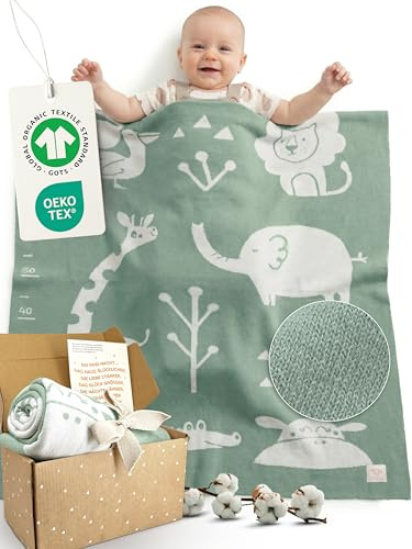 Babydecke Baumwolle, Baby Decke Neugeborenen, Baby Blanket Newborn, Grün | Decke Baby 100% Bio Baumwolle, GOTS & OEKO-TEX, Kuscheldecke Baby mit Wachstumsskala, Strickdecke Baby für Jungen & Mädchen