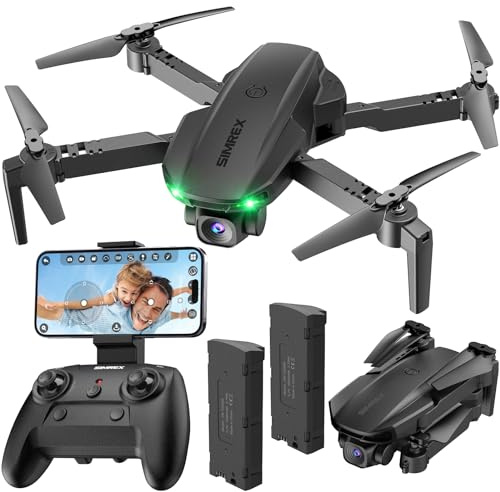 SIMREX Drone With 1080P Camera for Kids Adults, Mini RC Quadcopter Foldable, One Key Start, Waypoint Fly, Headless Mode, Auto-Follow, 3D Flip, 3 Speeds, 2 Batteries, Easy for Beginners, Black
