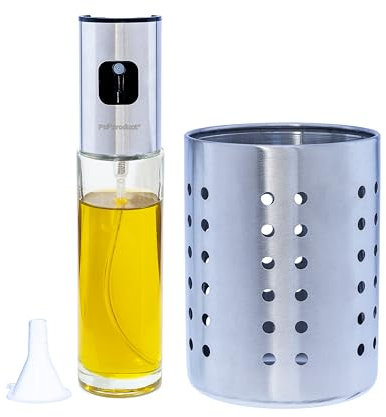 PoPproduct - Huilier pulvérisateur + égouttoir couverts en acier inoxydable. Pulvérisateur d'huile en spray avec tête en acier inoxydable et base en verre + support pour ustensiles de cuisine.