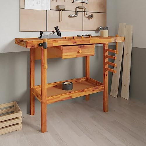 Werkbank aus Holz, Werktisch mit Schubladen & Schraubstöcken, Werkzeugbank Arbeitstisch Arbeitsfläche für Werkstatt und Garage, (116-124) x (44-52) x 83 cm