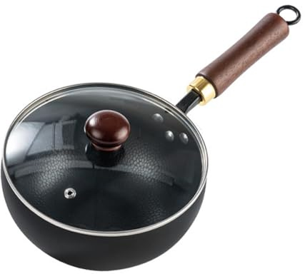 UGCER Padella Wok in Acciaio al Carbonio, Padella Antiaderente per Saltare in Padella con Coperchio e Manico in Legno, Padella Multifunzionale per fornelli a Gas,20cm/7.9in