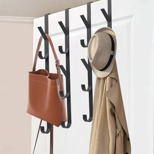Rilcn Over Door Hooks 4 Pack, 5 Hook Door Hanger for Clothes Towels | 4 black metal over door hangers with 5 hooks each; no drilling, fits doors up to 4.5 cm, for coats, towels and bags