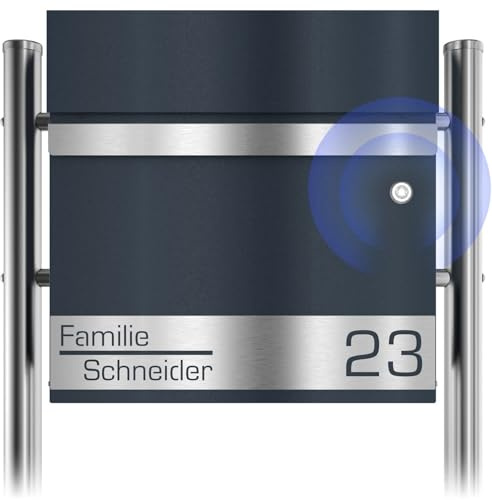 Graviers Design Funkklingel Briefkasten freistehend Anthrazit RAL 7016 mit Standfuß - Postkasten personalisiert Edelstahl Name Hausnummer Laserschnitt Gravur Wandbriefkasten mit Schloss