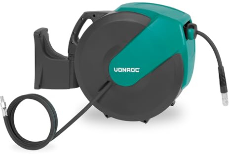 VONROC PRO Automatische Druckluft-Schlauchtrommel 30M – Aufrollbarer Druckluftschlauch, 1m Zuleitungsschlauch und Wandhalterungs-Set – 17 bar/250 PSI - Universelle EURO/DIN 7,2mm Kupplungen