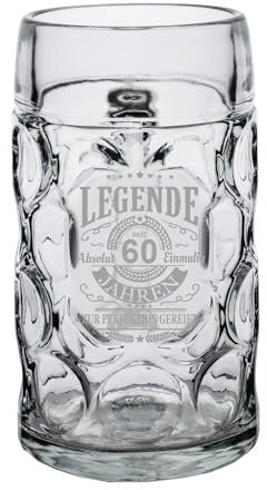 LUXENTU Brocca misura 1,0 l con motivo inciso, boccale di birra per un anniversario e occasioni speciali, brocca con manico con incisione laser, lavabile in lavastoviglie, leggende da 60 anni