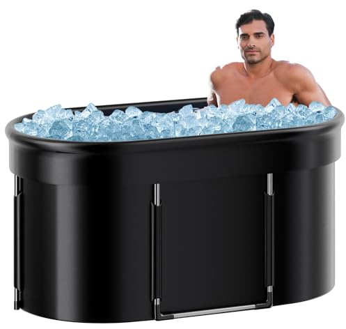 47” Portable Cold Plunge Bath Tub with Cover - Foldable Ice Bath Tub for Indoor & Outdoor Recovery | Bathroom Bathtub for Adult Athletes & Fitness Seekers, Men & Women Black