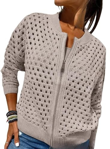 Whimsyard - Chaqueta tejida con cremallera y recortes para mujer, suéter tipo cárdigan de ganchillo con cierre, top de punto con aberturas para mujer, prenda exterior tejida de ganchillo (Caqui, L)