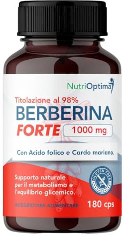 Berberina 1000mg/2Cps Pura HCL Forte con Acido Folico e Cardo Mariano - 180 Capsule Vegetali - Integratore per Equilibrio Digestivo, Epatico e Intestinale