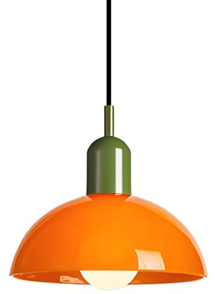 HJXDtech 30cm Orange Glass Ceiling Pendant Light with E27 Green Holder | Vintage Dome Ceiling Lamp for Kitchen Island, Bedroom Dining & Living Room | Bold Contrast Color Design