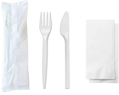 100 pz Set posate biodegradabili e compostabili, Forchetta e coltello imbustato singolarmente con tovagliolo, Bis Posate
