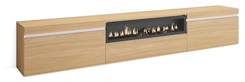 Skraut Home | TV-Schrank, Lowboard | für Wohnzimmer und Esszimmer | 260x45x35cm | Für großformatiges TV | Elektrokamin. | Moderner Stil | Eiche Soft und weiß