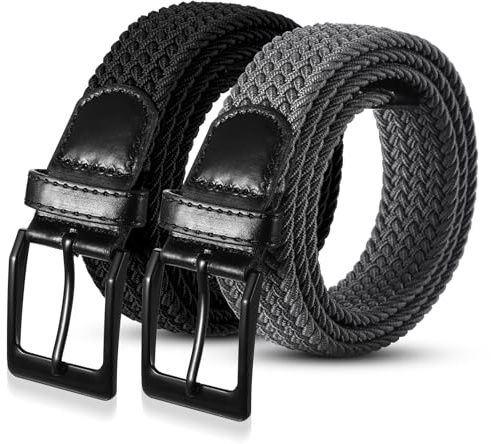 ViEinkaufen Lot de 2 ceintures élastiques tressées pour homme, femme, unisexe, pour jeans, shorts, pantalons, travail décontracté, 105 cm, noir/gris, 105cm/41.33inch