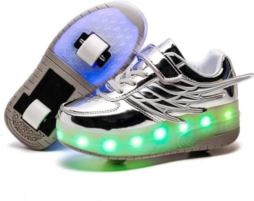 Unisex Barn Rullskridsko Skor Avtagbar Bli Sporttränare Usb-laddning Led Skor Dubbla Hjul Ungdom Flicka Utomhussporter Kors För Pojkar Flickor Hjul Skor, Silver, 33 EU