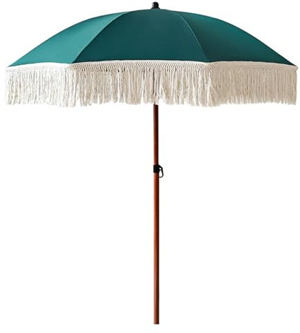 Generisch 160 cm Leichter Strandschirm mit Fransen, Grün Boho-Sonnenschirm mit 8 Rippen, Terrassenschirm Außenbereich mit Quasten, Wasserdicht UPF 50+