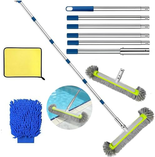Cepillo de Piscina con Barra telescópica de 230 cm de Largo, Cepillo de Limpieza de Piscina de 45 cm, Escoba de Piscina con Barra de Acero Inoxidable Ajustable, Juego de cepillos de Piscina (Gris)