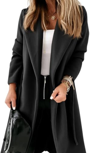 Cicy Bell Womens Classic Notched Lapel Collar Coat Open Front Belted Long Jacket,black,XL