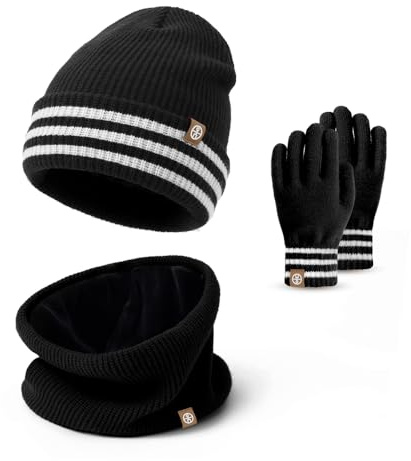 Baynetin Set Invernale 3-in-1 Bambini | Cappello Termico + Sciarpa in Pile & Guanti Touchscreen (4-10Anni) - Completo Antivento con Rivestimento Morbido, Ideale per Sci/Giochi sulla Neve (Nero)