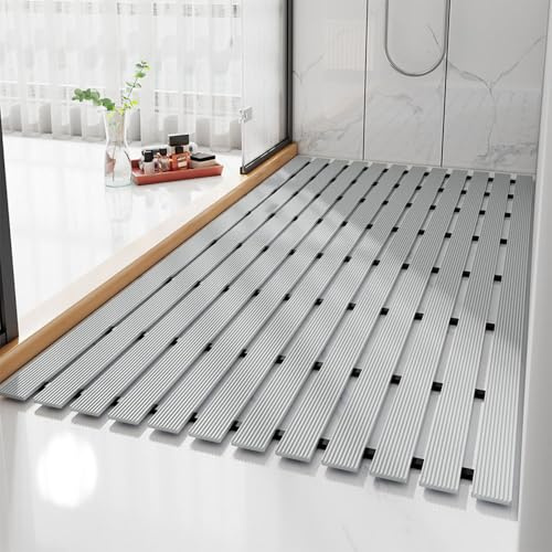 Caillebotis de Douche Tapis de Douche antidérapant Extra Long antidérapant Polyester/Caoutchouc pour Salle de Bain et Baignoire Drainage Rapide Facile à Couper (Gray, 61x61cm)