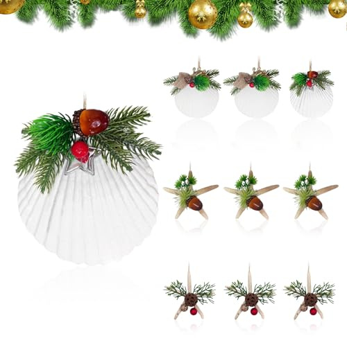 Agoer Weihnachtsbaum Anhänger Weiß - 10x Natur weihnachtsbaumschmuck Anhänger Weihnachtsbaum Weiss Muschel/Seestern/Tannenzapfen Handgefertigte Naturdeko für Fenster Adventskranz oder Tür Baumbehang