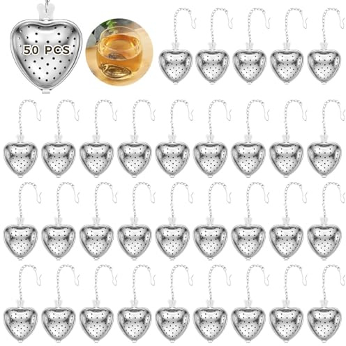 Lot de 50 boules à thé en forme de cœur en acier inoxydable avec crochet à chaîne étendue pour diffusion de thé en vrac