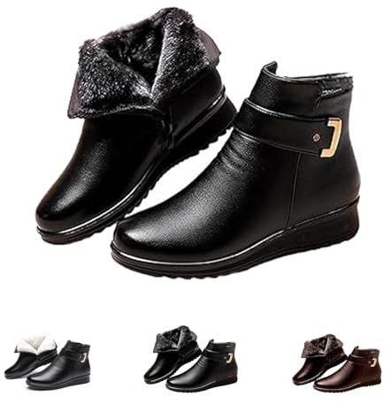 Ortopediska stövlar i ull med metallspänne och äkta läder for kvinnor, snöstövlar med slip-on och pälsfoder, snöstövlar med dragkedja i sidan och ankeln(Black,42 EU)