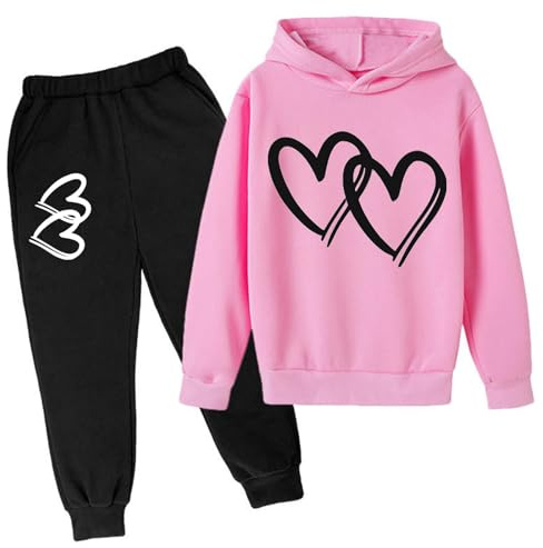 Kids Tracksuit Set Girls Hoodie Sweatshirt with Cuffed Jogging Sweatpants Pants 2 Piece Heart Print Long Sleeve Pullover Jumper Tops Trousers Fall Winter Clothes Sets Age 3-14 Years (9-10Years)