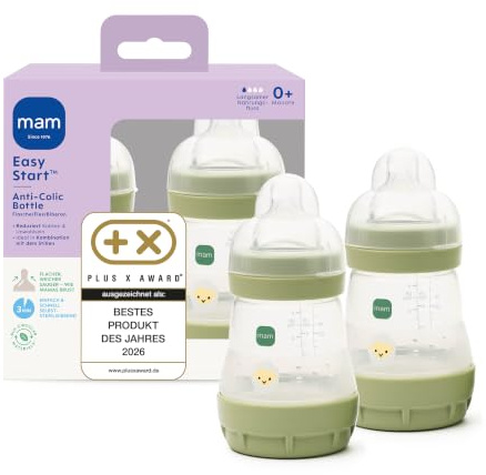 MAM Easy Start Anti-Colic Babyflasche 2x 160 ml, 0+ Monate, Gr. 1, Schaf | Selbst-sterilisierend in der Mikrowelle in 3 Min, Anti-Kolik-Bodenventil, brustähnlicher SkinSoft Sauger, ab Geburt