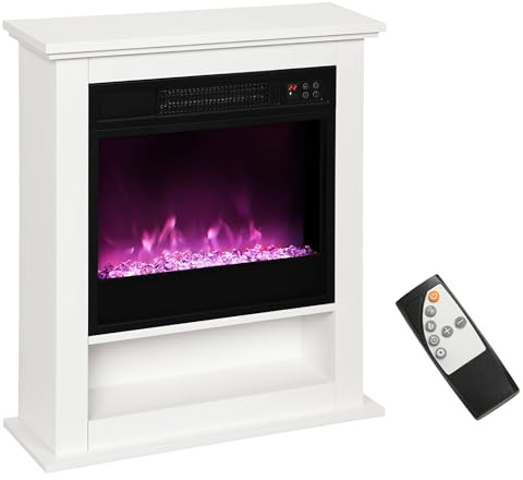 HOMCOM 24 Electric Fireplace with Surround 9 Colours Freestanding White | Realistic Flame Effect, 5 Brightness Levels, 1800W, Electric Fire and Mantel, Reach up to 30㎡ Space, Remote, Timer