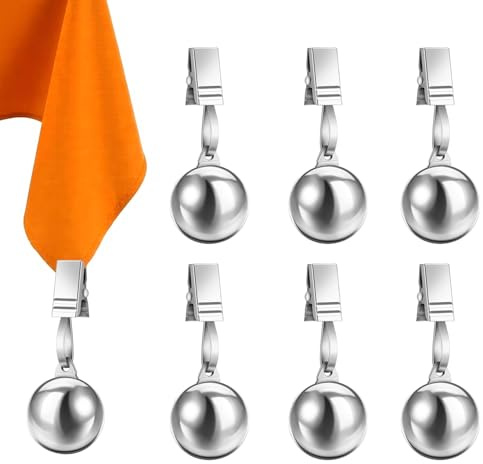 SteelFever 6 Stück Tischdeckenbeschwerer Tischdeckenklammern Rostfreie Edelstahlkugeln mit Clips für Party Camping Hochzeit Garten Picknick (6, Silber)
