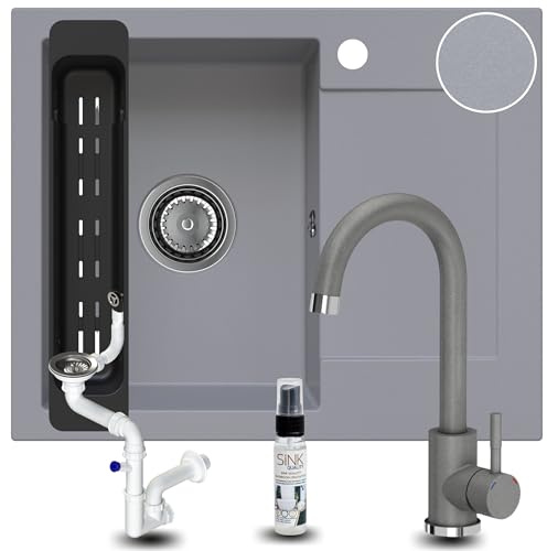 SINK QUALITY Granitspüle grau mit Armatur 58x47 - Spülbecken mit Siphon und Imprägniermittel - Küchenspüle grau mit Abtropffläche für 50er Unterschrank