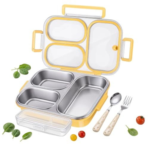 WZHHDM Bento Box, 1000ml Lunch Boxes, Stainless Steel Lunch Box | With 3 Compartments Lunchbox Snack Boxes And Cutlery Set for School Office Outdoor Microwave Dishwasher