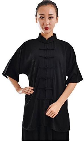 ZooBoo Unisex Cotton Blend Short Sleeves Tai Chi Suit Morning Exercise Uniform Kung Fu Clothing (M, Black)