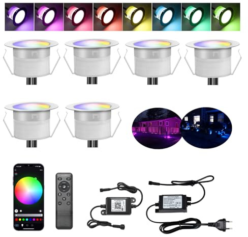 INDARUN LED Bodeneinbauleuchten Aussen RGB 6er Set, Ø31mm WiFi Terrasse Einbaustrahler, Led Terrassenbeleuchtung IP67 Wasserdicht Boden Licht für Küche Garten Treppen