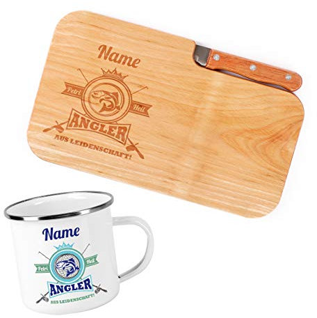 Herz & Heim® Frühstück Set für Angler mit Schneidebrettchen inklusive Messer und Emailletasse - perfekt für ein Outdoor Frühstück beim Angeln