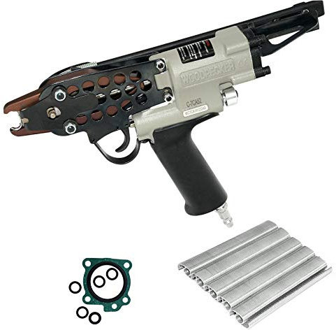 Woodpecker C-7CA - Kit de pistola de grapadora neumática con anillo de cerdo, calibre 15, pistola de grapadora de anillo en C con corona de 3/4 pulgadas para colchón de muelles, cercas, jaulas