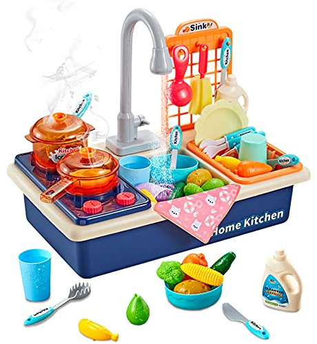 Kids Play Sink Toy with Running Water,Kitchen Set for Kids Include Cooking Stove with Light and Sound,Cookware,Play Kitchen Accessories with Dish Rack and Play Food,Pretend Kitchen Toys for Toddlers