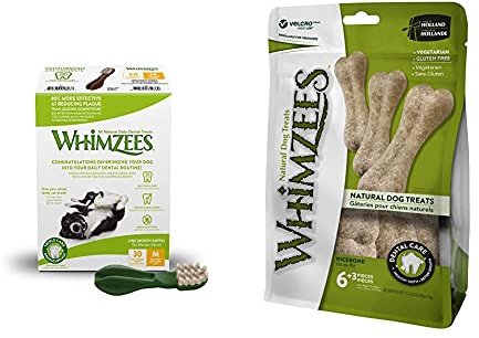 WHIMZEES Zahnbürste, natürliche, getreidefreie Zahnpflegesnacks (30 Stück), Größe M & Reisknochen, natürliche, glutenfreie Zahnpflegesnacks, Kauknochen für große Hunde, 9 Stück, Größe M/L