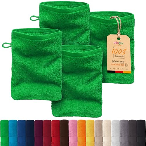 EllaTex Paris 4er Set Waschhandschuhe 15x21 cm – 100% Baumwolle, 500 g/m² Frottier, flauschig, Farbe: Grün