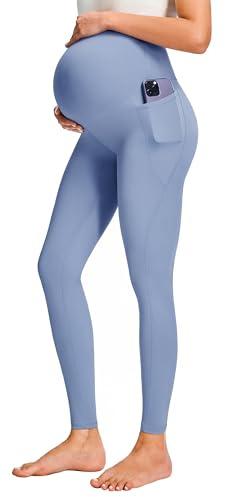 JOYSPELS Leggings Premaman sopra la Pancia con Tasche Non Trasparenti Allenamento Gravidanza Leggings, Azzurro, S